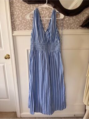 Old Navy Coastal Blue White Striped Midi Tank Dress Medium Beach Weekend Casual